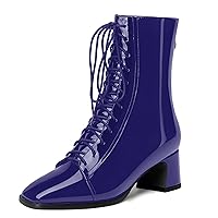 Womens Square Toe Casual Solid Zip Lace-up Patent Dating Chunky Low Heel Ankle High Boots 2 Inch