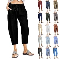 FunAloe Women Linen Trousers 3/4 Length Cropped Trousers for Women UK Ladies Stretch Straight Leg Capri Pants Drawstring Elasticated Waist Summer Casual Three Quarter Pants Gym Trousers with Pocket