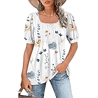 Zwurew Women's Summer Casual Puff Short Sleeve T-Shirts Square Neck Pleated Flowy Trendy Tunic Tops for Leggings S-2XL