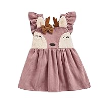 VISGOGO 0-3Y Princess Infant Baby Girls Dress Corduroy Ruffles Sleeve Deer Cartoon Printed Bow A-Line Mini Dress
