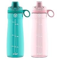 Pogo 32oz Plastic Resuable Water Bottle 2-Pack with Chug Lid and Carry Handle, BPA Free, Sport and Travel Friendly, Dishwasher Safe, Aquaviva/Pink Satin