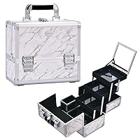 Makeup Box Train Case Cosmetic Organizer with Mirror 3-Tier Tackle Tray Lockable Portable Travel Carrying Make-up Storage Box with Handle - Marble White