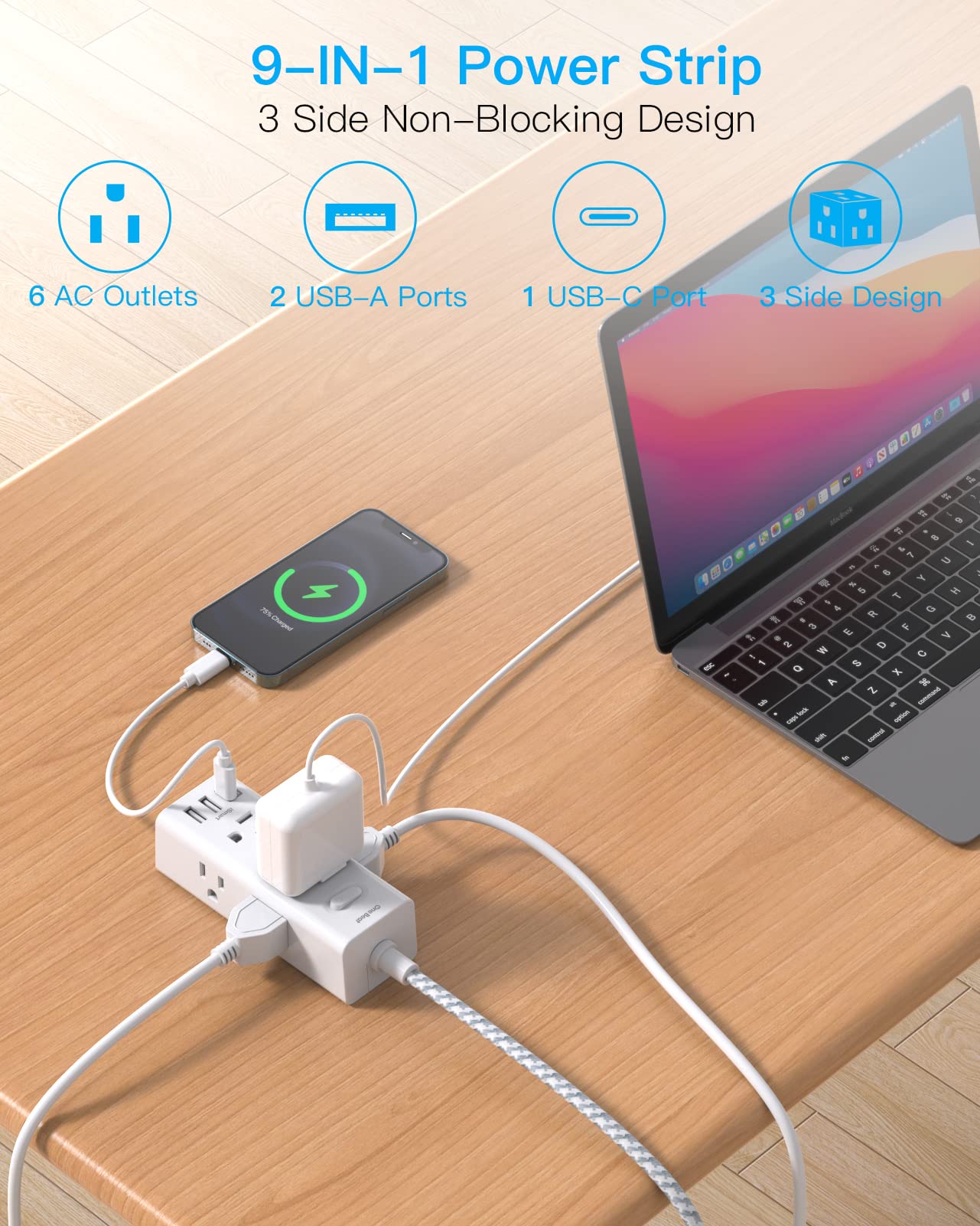 15 Ft Power Strip Surge Protector, Extension Cord with 6 Widely Outlets 3 USB Ports (1 USB C), 3-Side Outlet Extender Strip, Flat Plug, Wall Mount, Small Power Strip for Travel Office Dorm Home