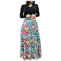 Womens Floral Print Patchwork Maxi Dress Long Sleeve High Waist Flowy A-Line Dresses 2024 Fashion Crewn Neck Dress