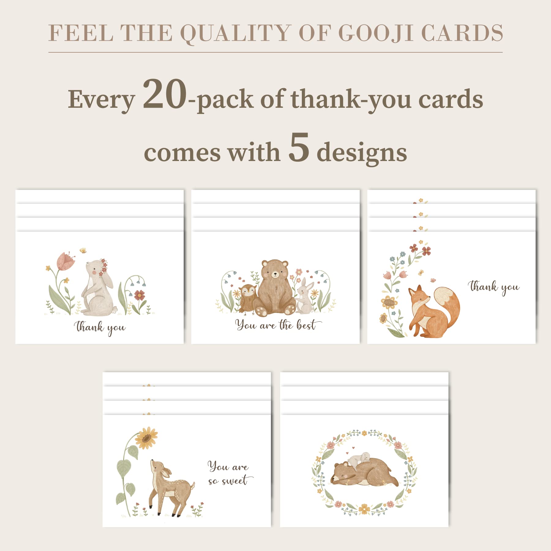 Gooji 4x6 Woodland Thank You Cards with Envelopes (Bulk 20-Pack) Matching Peel-and-Seal Envelopes Assorted Bulk, Watercolor Birthday Party, Baby Shower, Weddings, Greeting, Blank Notes Stationary