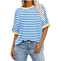 Womens Oversized T Shirts Casual Striped & Plain Roll Short Sleeve Crewneck Loose Fit Tops 2024 Summer Y2K Tee Tops