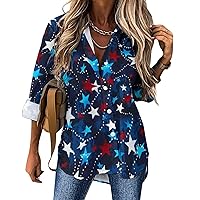 USA Red White Blue Stars Shirts for Women Long Sleeve Button Down Blouses V Neck Casual Loose Fit Tops