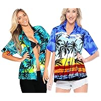 LA LEELA Women's Hawaiian Shirt Funky Casual Button Down Shortsleeve Work from Home Clothes Women Beach Shirt Blouse Shirt Combo Pack of 2 Size L