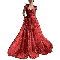 Basgute 3D Butterfly Tulle Prom Dresses for Teens Slit Long Lace Applique A Line Formal Evening Party Gown for Women