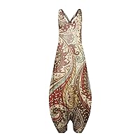 Women's Rompers for Summer Bohemian Print Loose Large Size Casual Sleeveless Strappy Jumpsuit Rompers Dressy