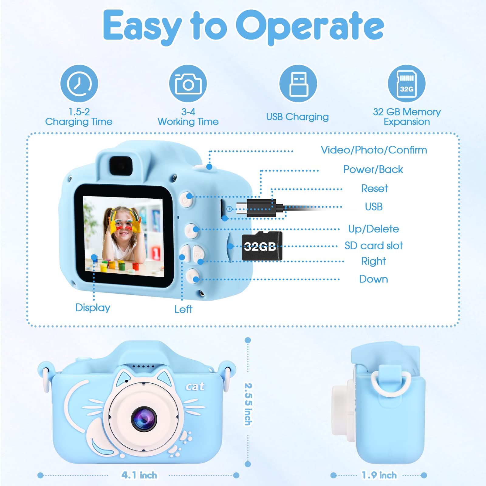 Kids Camera for Boys,2 Lens Selfie Kids Camera,HD Kids Digital Camera Toys for 4 5 6 7 8 9 Year Old Boy Christmas Birthday Gifts,MP3 Player,Camera for Kids 10-12,Toddler Camera with 32GB-Card Blue