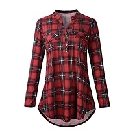 MONNURO Womens Plaid Shirts Henley V Neck Casual Loose Long Sleeve Tunic Tops T-Shirt Blouses