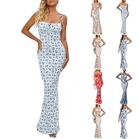 Women's Ditsy Floral Print Backless Tie Shoulder Mermaid Dress, Elegant Tie Front Maxi Cami Dress for Holiday Party Long Summer Dresses for Women 2024 Vacation Trendy