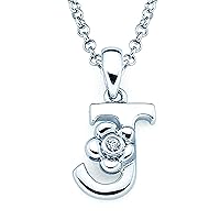 Diamond Accent Initial Letter With Flower Accent Sterling Silver Girls Pendant Necklace With 14