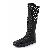 Round Toe Womens Canvas High Boots Rhinestone Zipper Lace Up Cool Comfortable Breathable Shoes