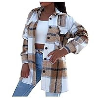 TWGONE Womens Plaid Shacket Button Down Wool Blend Flannel Shirt Jacket Work Outwear with Pockets