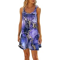 Floral Sundress Beach Dress for Women 2024 Summer Print Fashion Sparkly Loose Fit with Sleeveless Round Neck Ruched Dresses Dark Purple XX-Large