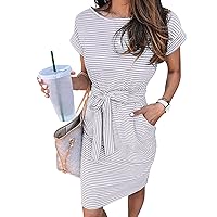 Women's Summer Short Sleeve Crewneck Formal Dress Basic Solid Tie Waist Office T Shirt Dresses Midi Dress with Pockets