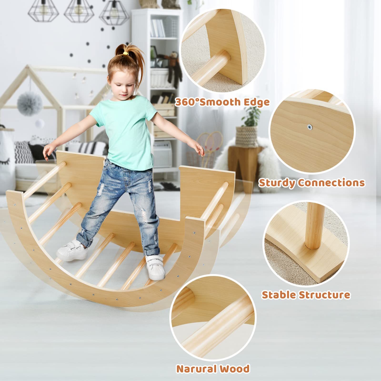 Beright 5 in1 Climbing Arch Sensory Table for Kids, Montessori Climbing Gym, Rocker Board Wooden Toy with Collapsible Storage Bin, Learning Playset