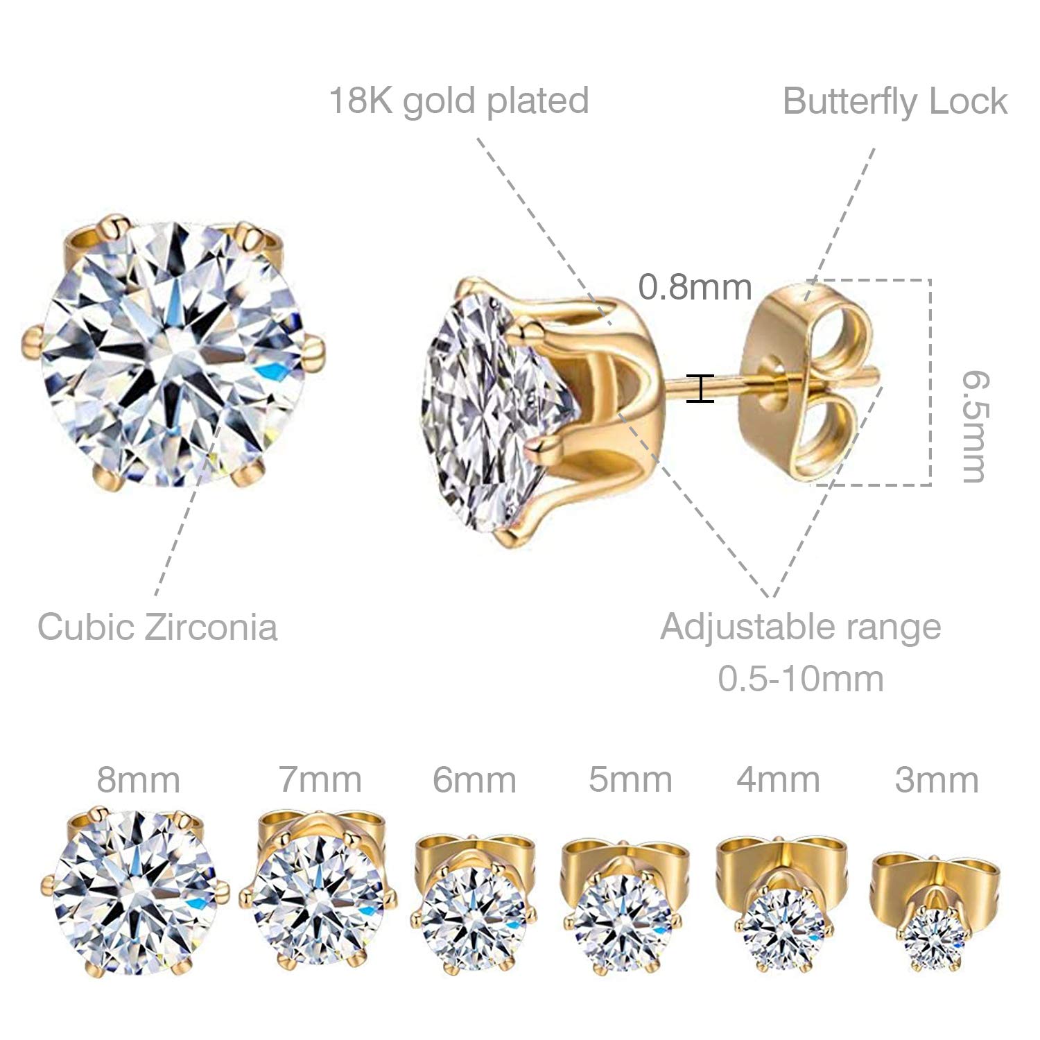 GEMSME 18K Yellow/White Gold Plated Round Cubic Zirconia Stud Earrings Pack of 6