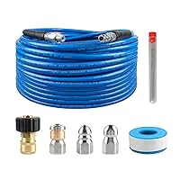 Corner 100Ft Hydro Drain Jetter Cleaner Hose Selkie Pressure Washer Sewer Jetter Kit Rotating and Button Nose Sewer Jetting Nozzle Waterproof Tape,Orifice 4.0 4.5,1/4 Inch NPT,5800 PSI 