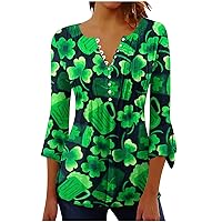 Green Irish Shamrock Henley Shirts St Patricks Day Women Tunic Tops 3/4 Bell Sleeve Pleated Front Button Pullover