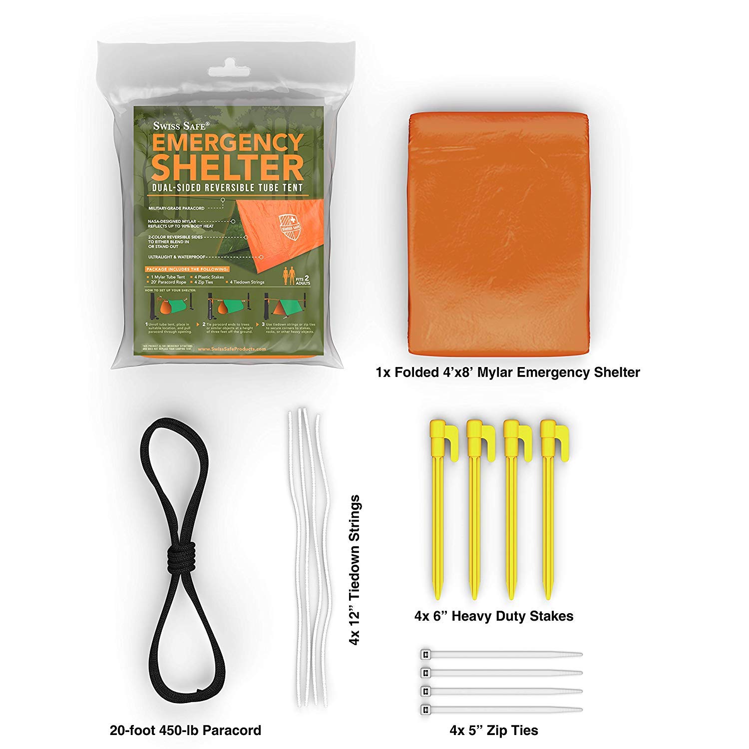 Emergency Survival Shelter Tent (Reversible Two-Sided Tent) + Paracord, Tent Spikes, Zip-Ties: 100% Waterproof, Ultralight and Extra Large
