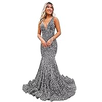 Sparkly Sequin Mermaid Prom Dresses for Women 2024 V Neck Long Ball Gowns Backless Formal Evening Dresses
