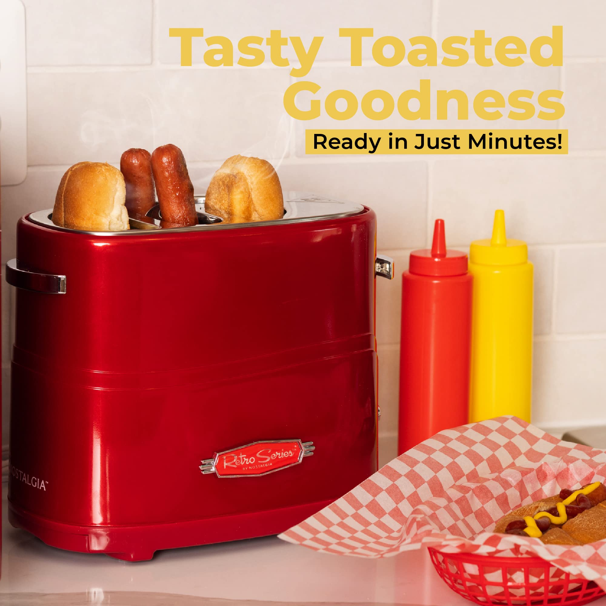Nostalgia 2 Slot Hot Dog and Bun Toaster with Mini Tongs, Retro Toaster, Cooker that Works Chicken, Turkey, Veggie Links, Sausages Brats, Metallic Red