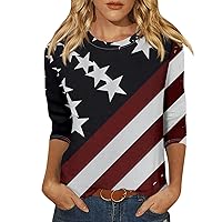Womens Tops 3/4 Sleeves Dressy Casual 4Th of July Crewneck Red White Blue Shirts Flag Graphic Tees Plus Size Blouses