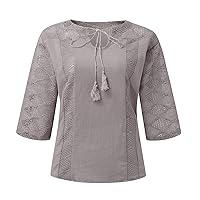 Women's Lace Tops Fashion Casual Stitching Solid Color U-Neck Three Quarter Sleeve Top Long Shirt, S-5XL