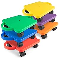 Scooter Board with Handles, Set of 6, Wide 12 x 12 Base - Multi-Colored, Fun Sports Scooters with Non-Marring Plastic Casters for Children - Premium Kids Outdoor Activities and Toys