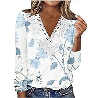Womens Floral Printed Fall Tops Blouses Long Sleeve Crochet Lace Trim V Neck Tshirts Casual Loose Cute Graphic Tees