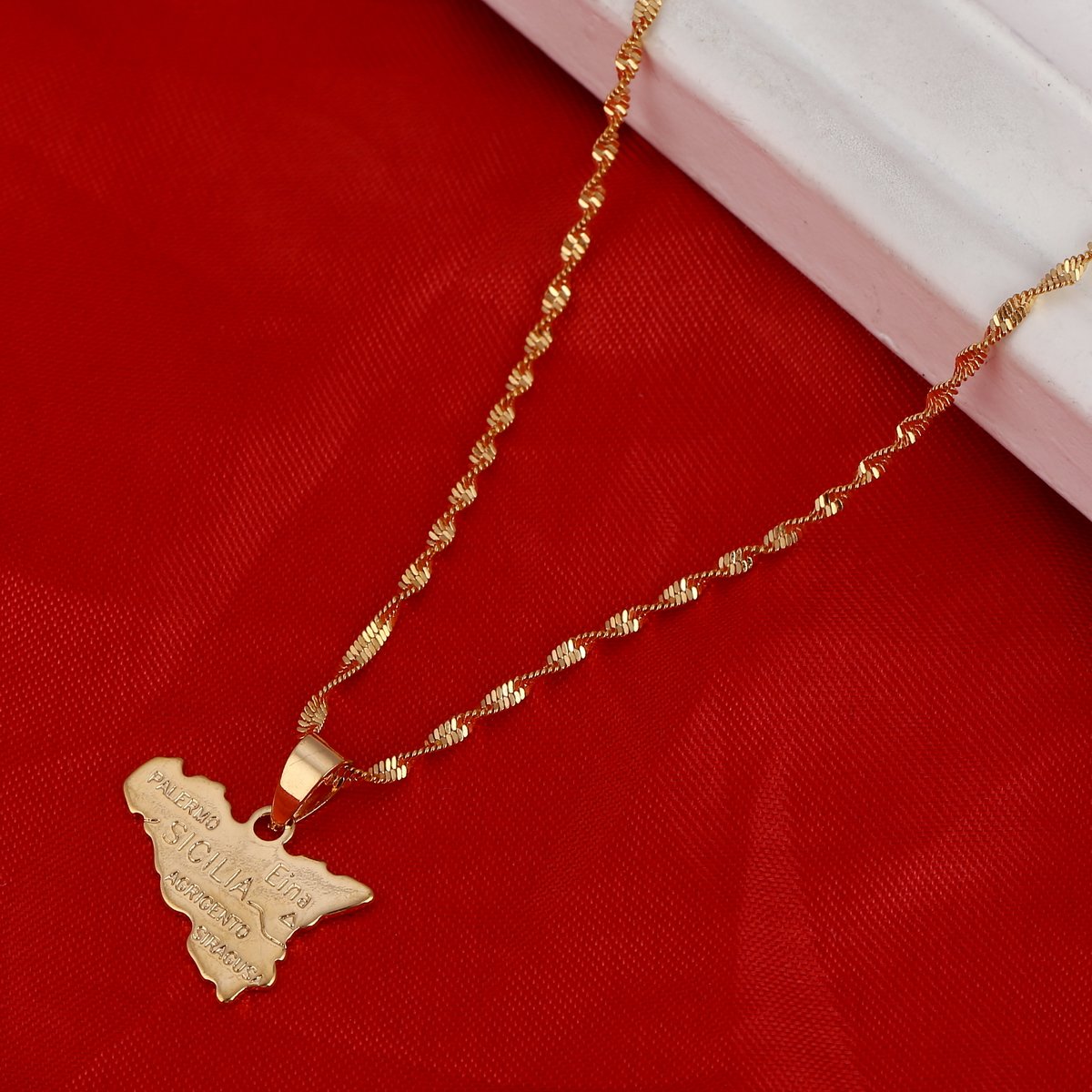 Sicilia Map Pendant Necklace for Women Men Gold Color Sicilian Map