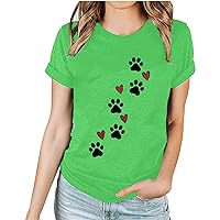 Dog Paw Love Heart Print T-Shirt Women Short Sleeve Dog Mom Graphic Tee Tops Valentine's Day Mother's Day Shirts