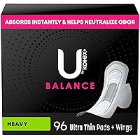 U by Kotex Balance Ultra Thin Pads with Wings, Heavy Absorbency, 96 Count (6 packs of 16) (Packaging May Vary)