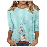 Ladies Tops and Blouses,Plus Size Tops for Women 3/4 Sleeve T Shirts for Women Crew Neck Vintage Print Graphic Shirt