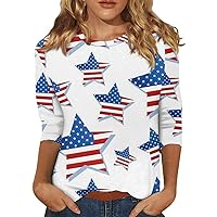 Women's 4Th of July Tops Fashion Casual 3/4 Sleeve America Flag Print Stand Collar Pullover Top, S-3XL