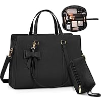 Laptop Bag for Women 15.6 inch Laptop Tote Bag Waterproof Leather Computer Briefcase Professional Business Office Work Bag with Makeup Bag, Black