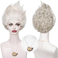 Sea Witch Wig for Women Wicked Undersea Witch Cosplay, Short Silver Grey Layered Crazy Wig with Shell Necklace + Wig Cap Accessories for Halloween Costume Cosplay