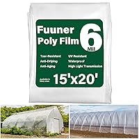 6 Mil Greenhouse Plastic Sheeting, Fuuner 15x20ft Clear Replacement Cover, Heavy Duty, UV Resistant, Greenhouse Plastic Film for Cattle Panel Greenhouse, PVC Greenhouse, Metal Hoop House