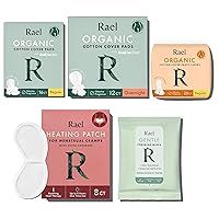 Rael Period Essential Bundle - Organic Cotton Cover Regular & Overnight Pads, Regular Liners, Flushable Feminine Wipes, and Herbal Heating Patch Extra Coverage
