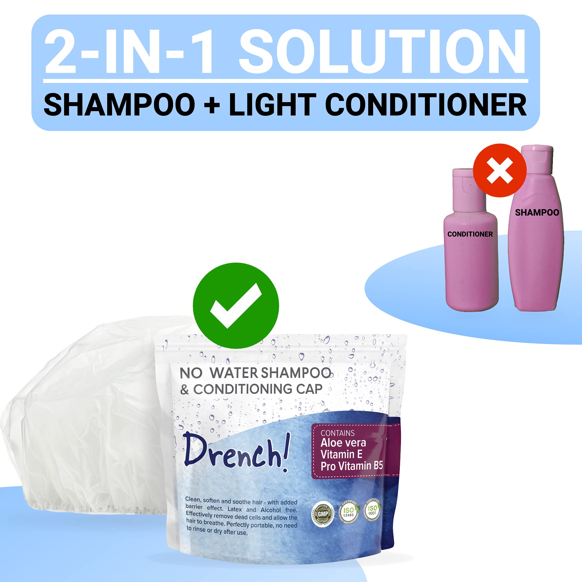 Drench No Water Rinse Free Shampoo Caps [6-Pack] - Waterless Shampoo and Conditioner - Dry Hair Wash Caps for Elderly or Bedridden - Contains Aloe Vera, Vitamin E and Provitamin B5