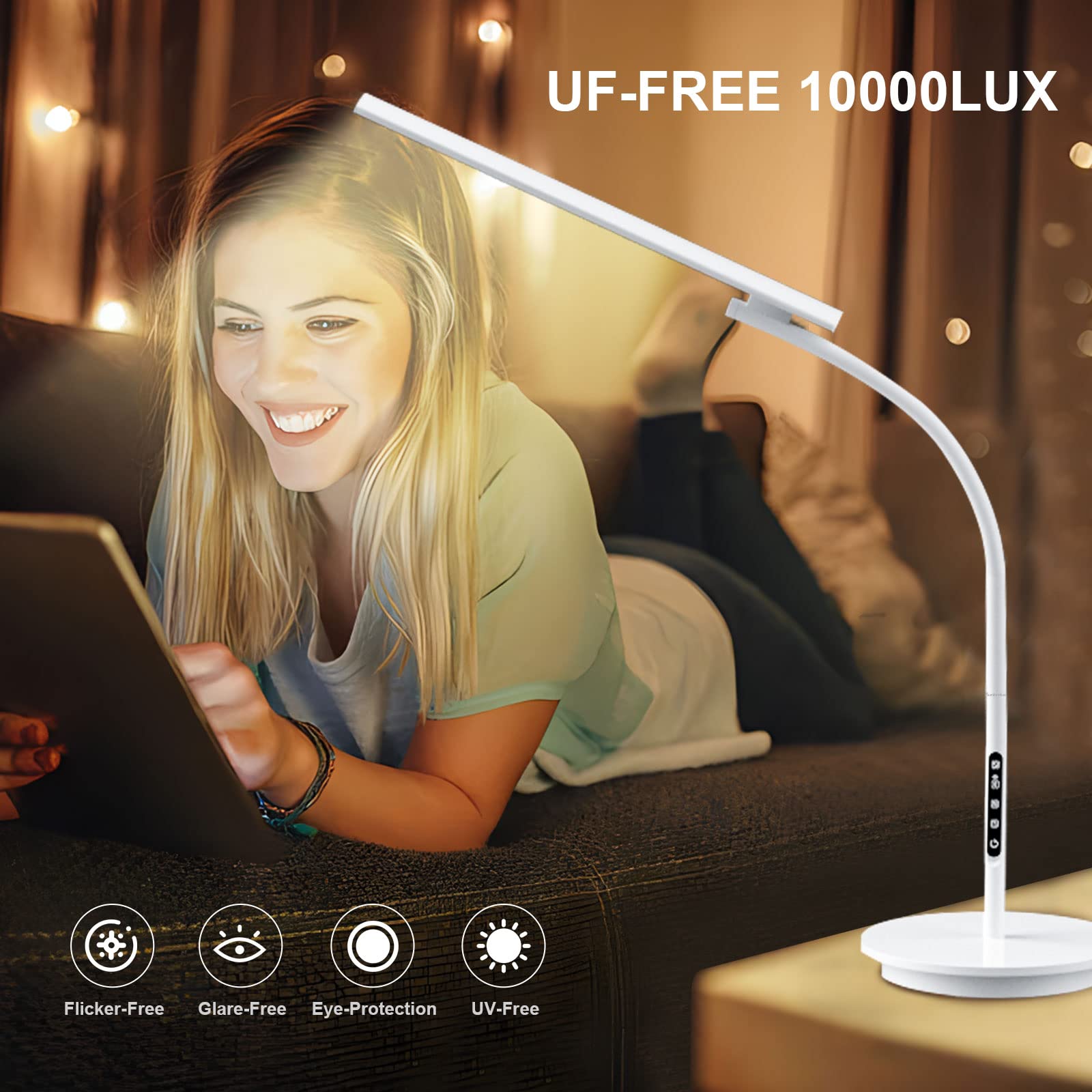 Light Therapy Lamp, UV-Free 10000 Lux Happy Therapy Light, Floor Sun Therapy Lamp with Remote & Touch Control & Adjustable Gooseneck for Reading/Office/Home …