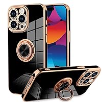 KANGHAR Phone Case Compatible with iPhone 15 Pro for Women Girls, Plating Built-in 360 Rotation Magnetic Ring Kickstand Holder Soft Slim Shockproof Bumper Protective Cover (Black)
