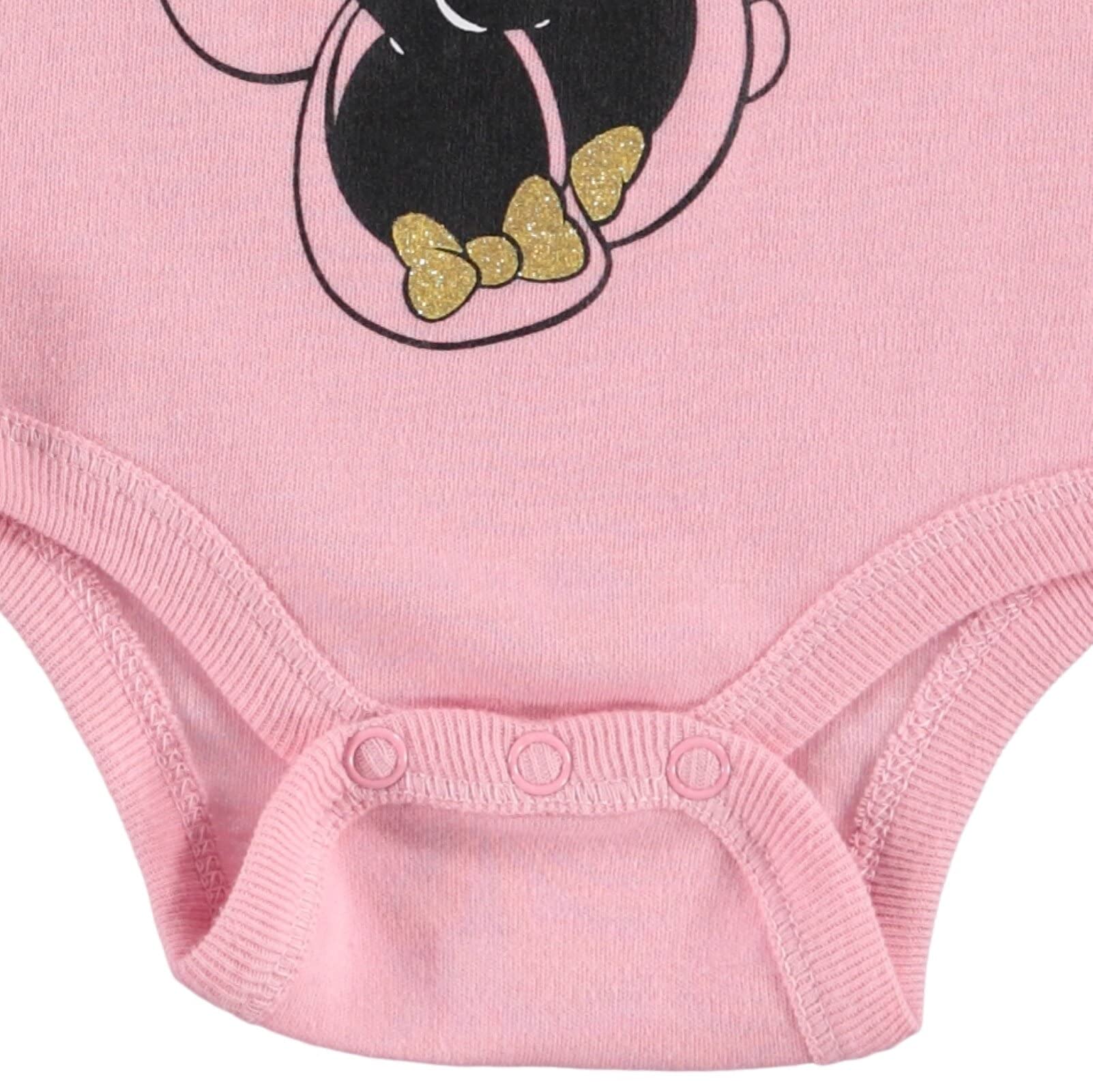 Disney Minnie Mouse Baby Girls Bodysuit Pants Bib and Hat 4 Piece Outfit Set Newborn to Infant