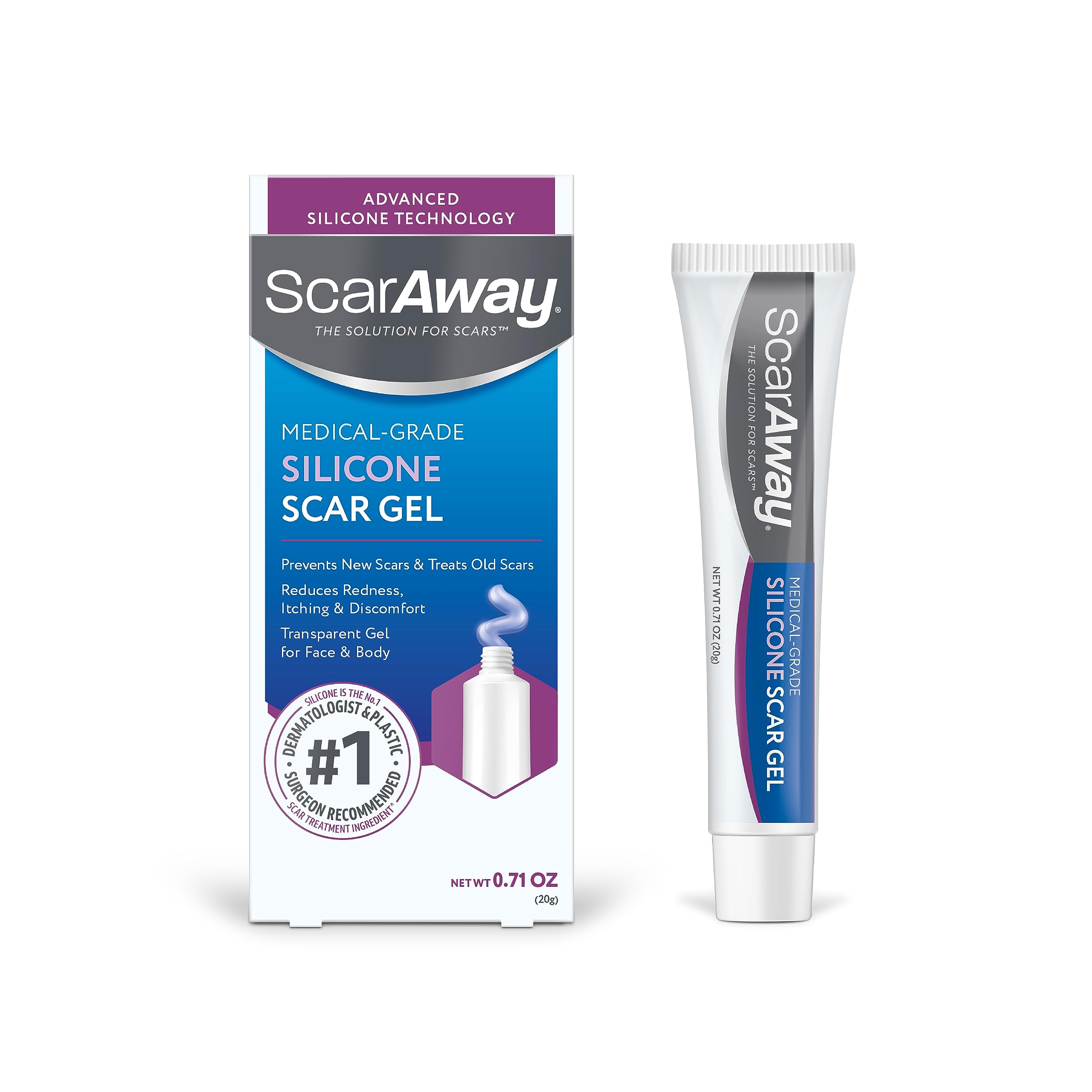 ScarAway Silicone Scar Gel, Helps Improve Size, Color & Texture of Hypertrophic & Keloid Scars from Injury, Burns & Surgery, Water Resistant, 20g (0.7 Oz)