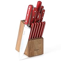 MARTHA STEWART Eastwalk 14 Piece High Carbon Staineless Steel Cutlery Knife Block Set w/ABS Triple Riveted Forged Handle Acacia Wood Block - Red
