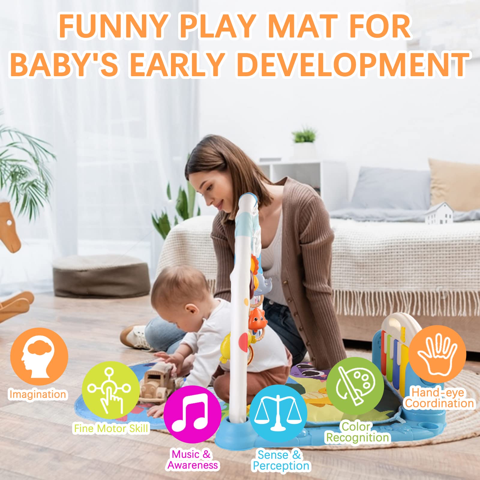 Baby Play Mat, Play Piano Gym Activity Mat Musical Light Activity Center Toys Gift for Newborn Infants Toddlers 0 to 3 6 9 12 Months