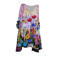 Womens Oversized Linen Dress 3/4 Sleeve Tshirt Dress V Neck Boho Floral Print Tunic Dress Casual Loose Summer Dresses